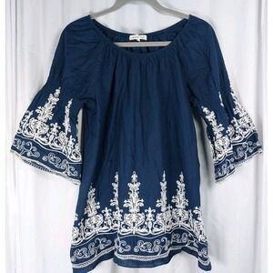 Indigo Soul Embroidered Cotton Top Womens Small Navy Blue Blouse Smocked Sleeves